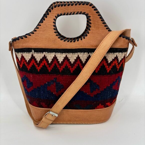 AztecInspired Handbag with Leather and Woven Textile Design - Picture 9 of 13
